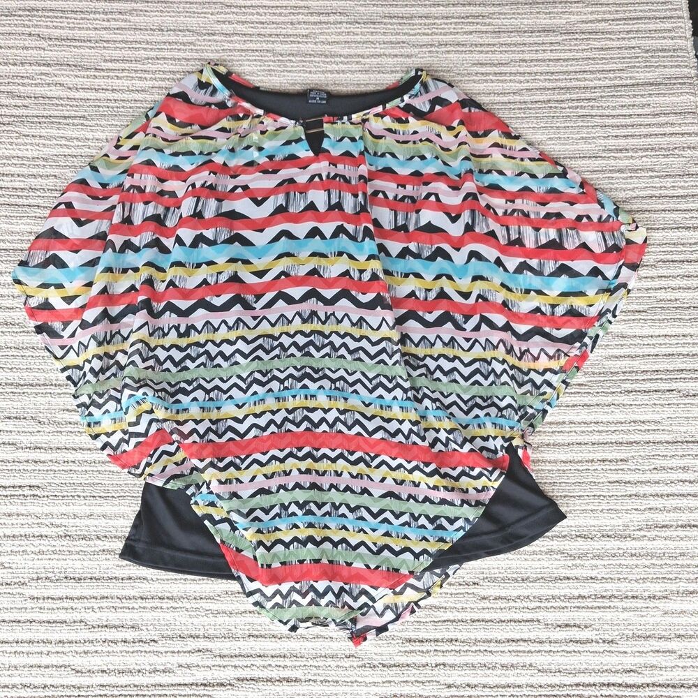 Robert Louis Womens Top M Multicolor Chevron Zig Zag Sheer Batwing Sleeve Blouse